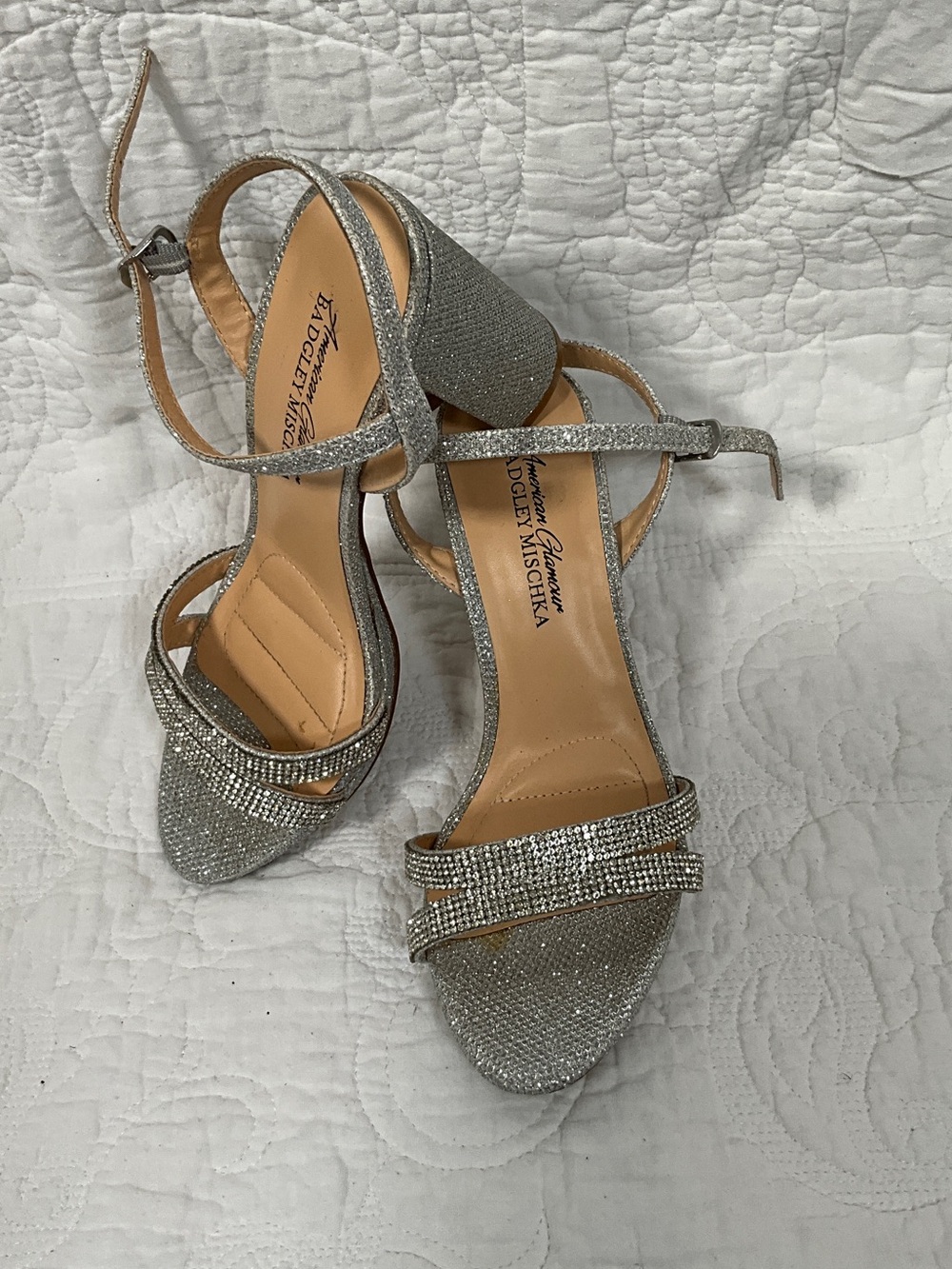 Badgley Mischka Silver Rhinestone Block Heel Sandals